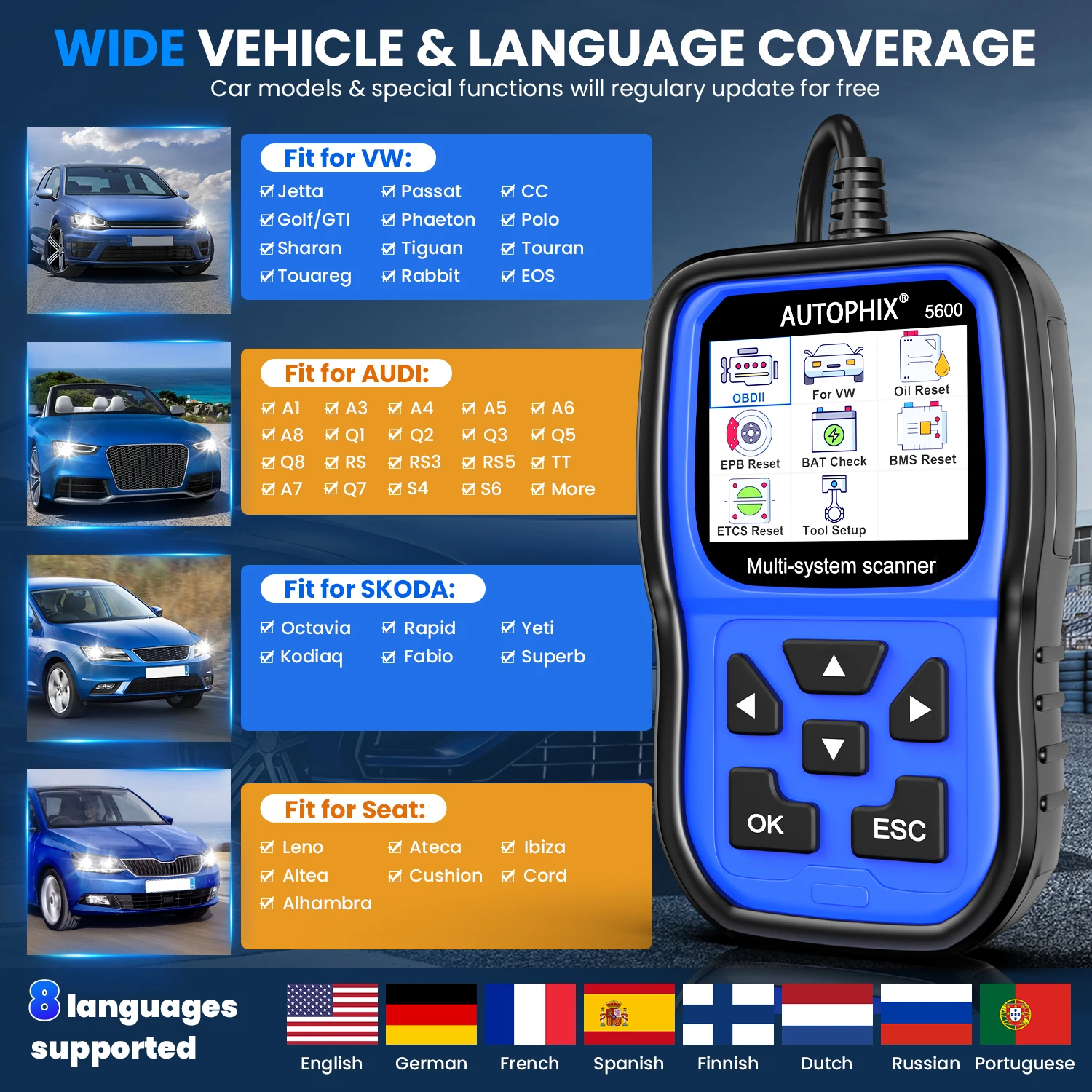 Autophix 5600 OBD2 Diagnostic Scan Code Reader for VW /Audi /Skoda/ Seat Full Systems Battery Diagnostic Tools