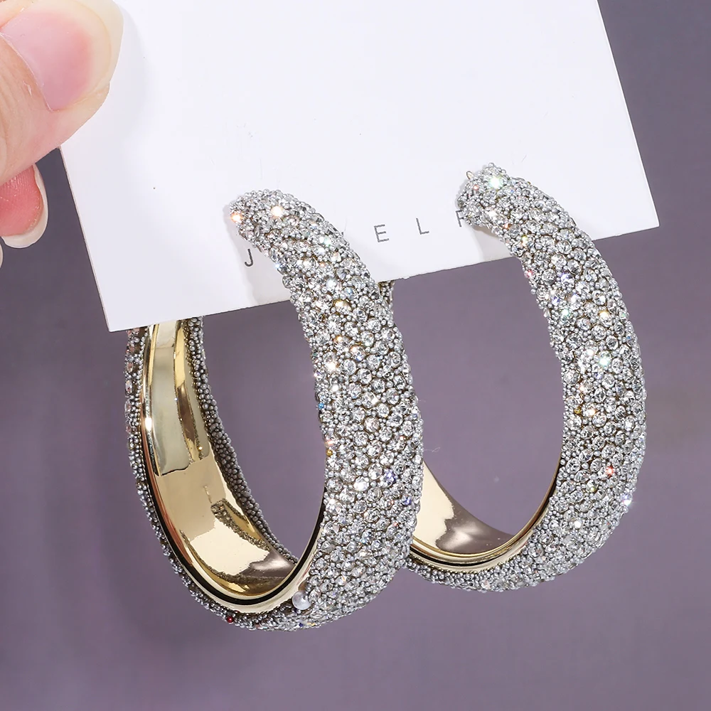 Exaggerate Shiny Rhinestones Big Hoop Earrings Geometric Round Unique Crystal Earrings Jewelry Accessories Jewelry Gifts