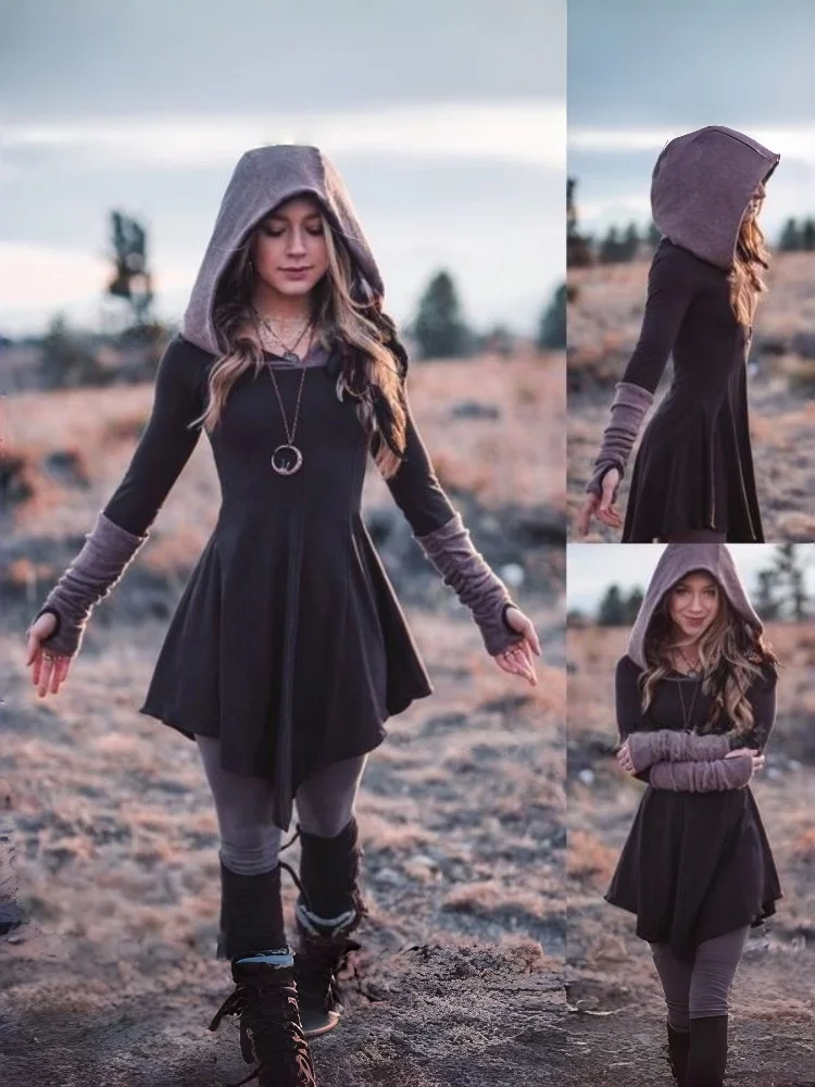 

Gothic Style Hooded Dress Unique Personality Women's Fashion Knee Length Skirt Full Sleeve Regular Collar from Mainland China