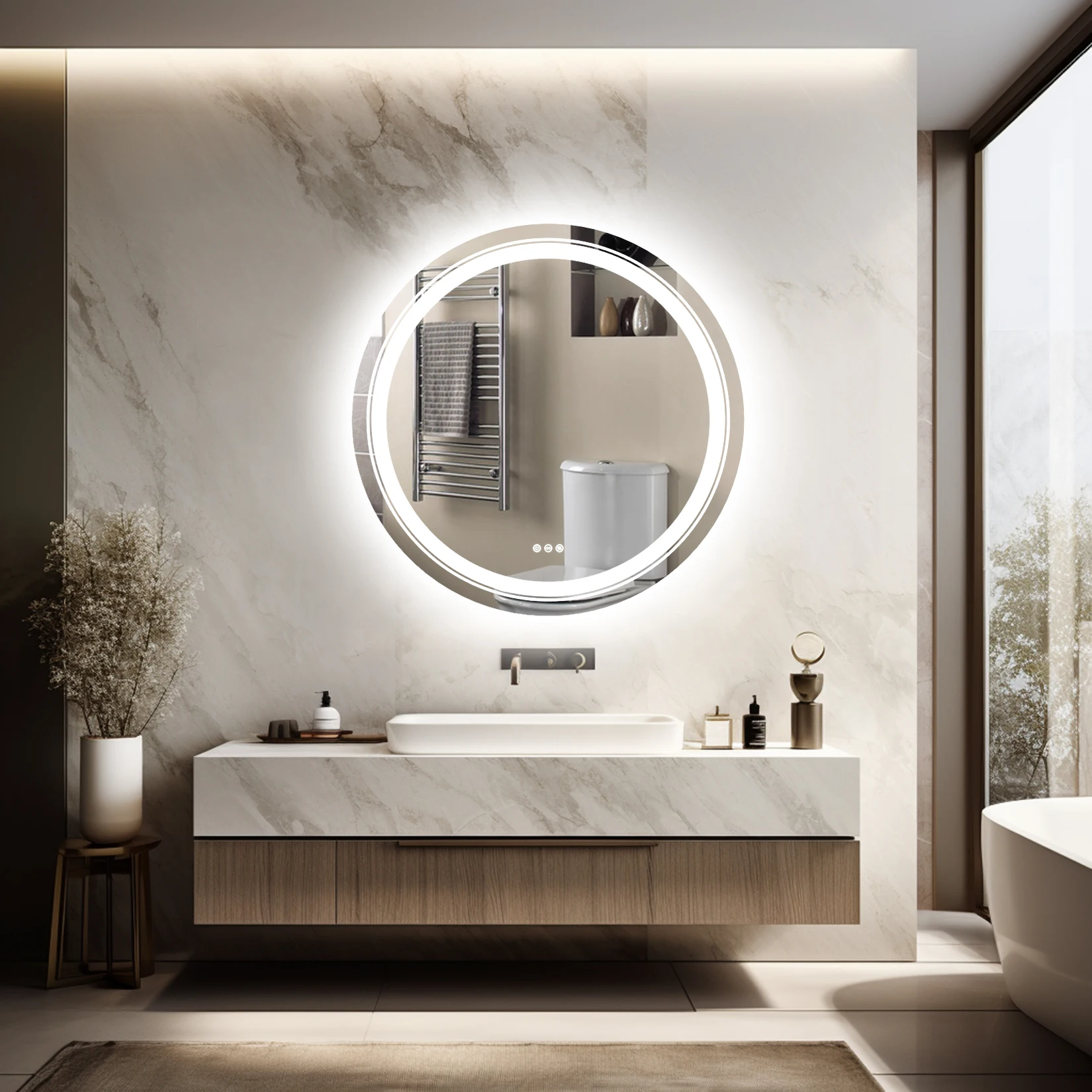 

Large Round LED Lighted Bathroom Mirror Wall Mount Vanity Frameless Backlit Touch Dimmer Switch Anti-Fog 3 Color