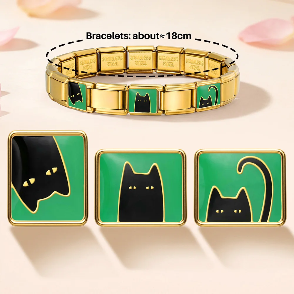Gold Color DIY Charm Women Men Silver Color Jewelry Hand Chain Fashion Cat Italian Link Fit 9mm Stainless Steel Bracelet Making
