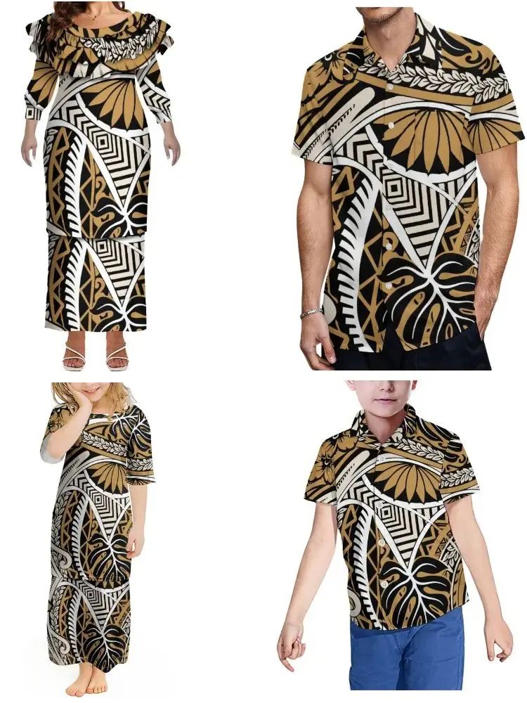 Polynésien personnalisé Parent-enfant porter conception été feuille de Lotus dentelle minceur Puletasi costume robe personnalisée hommes chemise robe pour femme