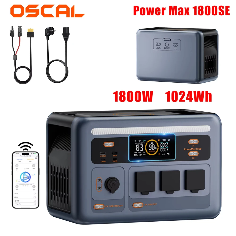 Station d'alimentation portable OSCAL Power Max 1800SE 1800W, batterie LifePO4 1024Wh, générateur solaire, sortie AC, contrôle intelligent par application, pour camping-car
