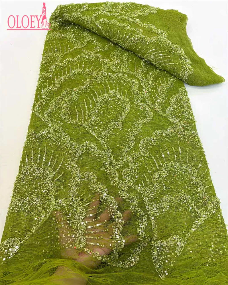 OLOEY Kain Renda Jala Afrika Nigeria Berkualitas Tinggi Dengan Payet Buatan Tangan Kain Renda Berhias Manik-Manik Berat Untuk Gaun Pesta Manik-Manik 5 Yard