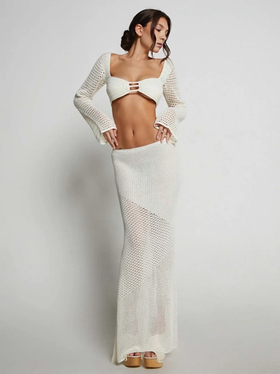 

Women's Knitted Long Sve Hip Wrap Skirt Set Casual Sportswear Two-Piece Suit Polyester Fabric Zipper Closure