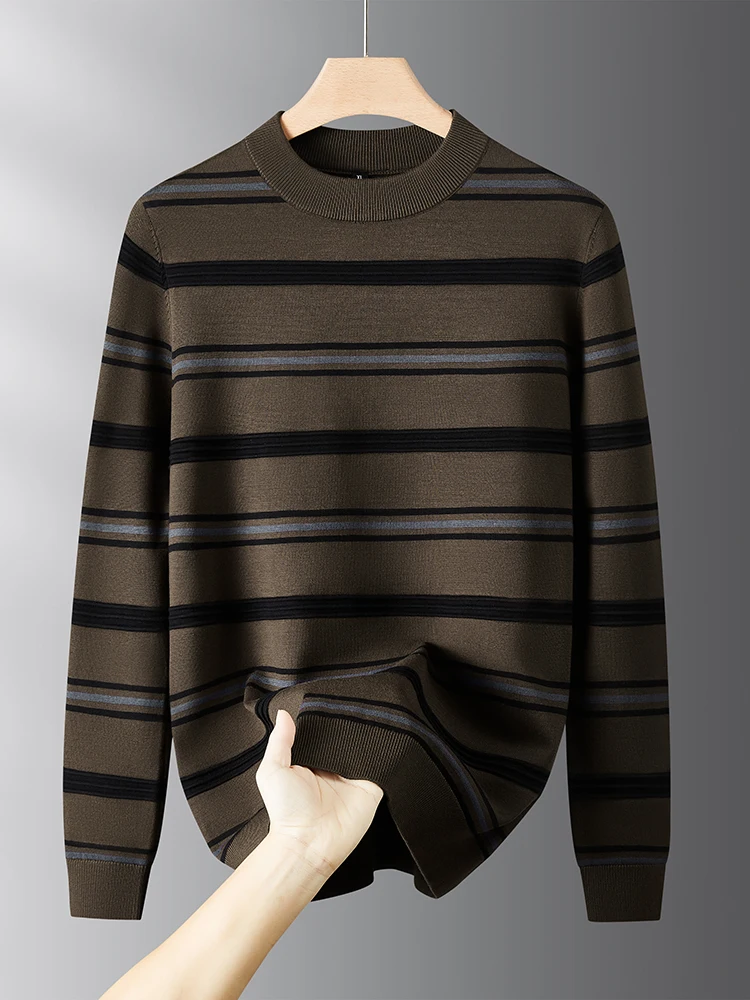 

Мужской вязаный свитер больших размеров с высоким воротником, свободного кроя, модный, в полоску, повседневный, удобный, мягкий, с длинными рукавами, зимний топ