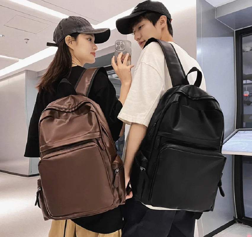 

New Men Women Solid Soft Pu Leather Casual Travel Backpack Totes Large Capacity Laptop School Bag Double Zipper Shoulder Bags