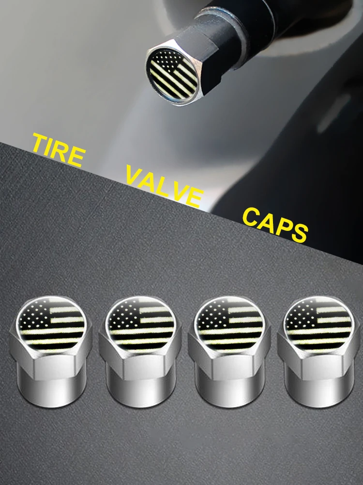 Car Air Valve Stem Caps 4PCS Black USA US Flag Car Wheel Air Cover Dust Proof For Ford GMC Buick For Chevrolet Chevy Cadillac