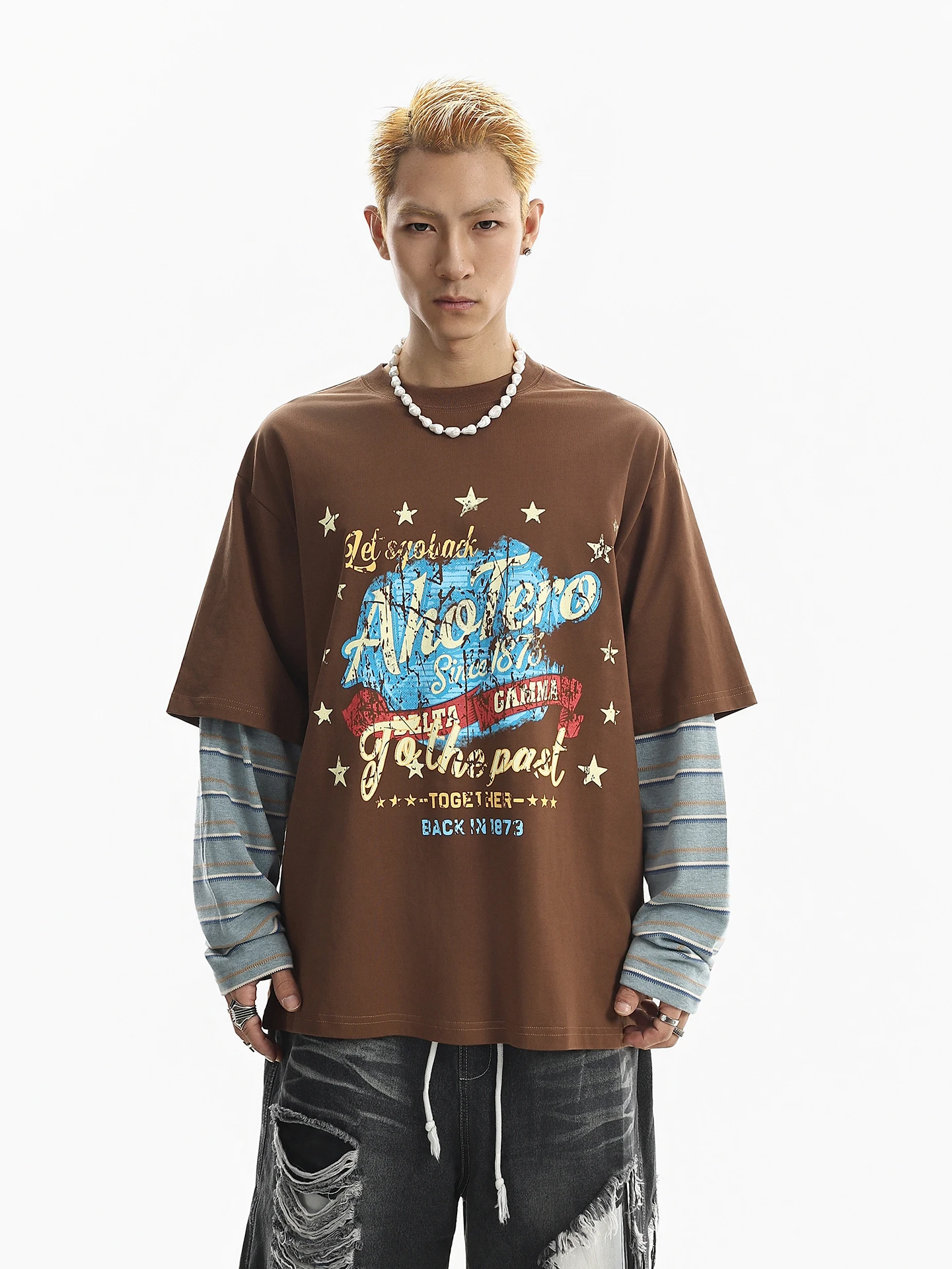 BETEBULE American Style Long Sleeve T-Shirt Men's Spring Loose Fit Crew Neck Letter Print Casual Top Youth Fashion Loose Jeans