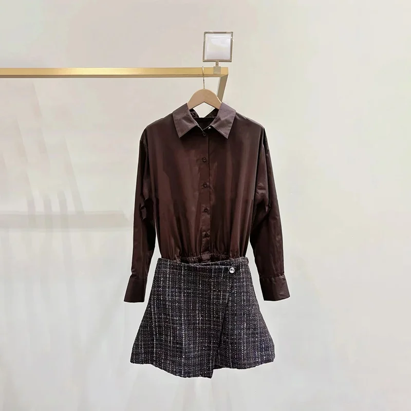 

Autumn Winter New Grey Series Detachable Tweed Half Skirt Two-Piece Shirt Dress Women Loose Fit Long Sleeve Natural Style