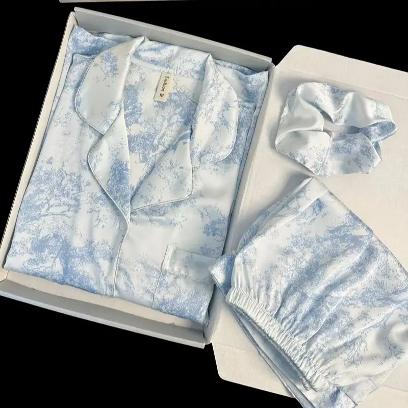 Korean Fashion Sleepwear Faux Satin Nightwear 2 Pieces Pyjamas Casual Pajama Set with Shorts Soft Smooth Ink Painting Outfits