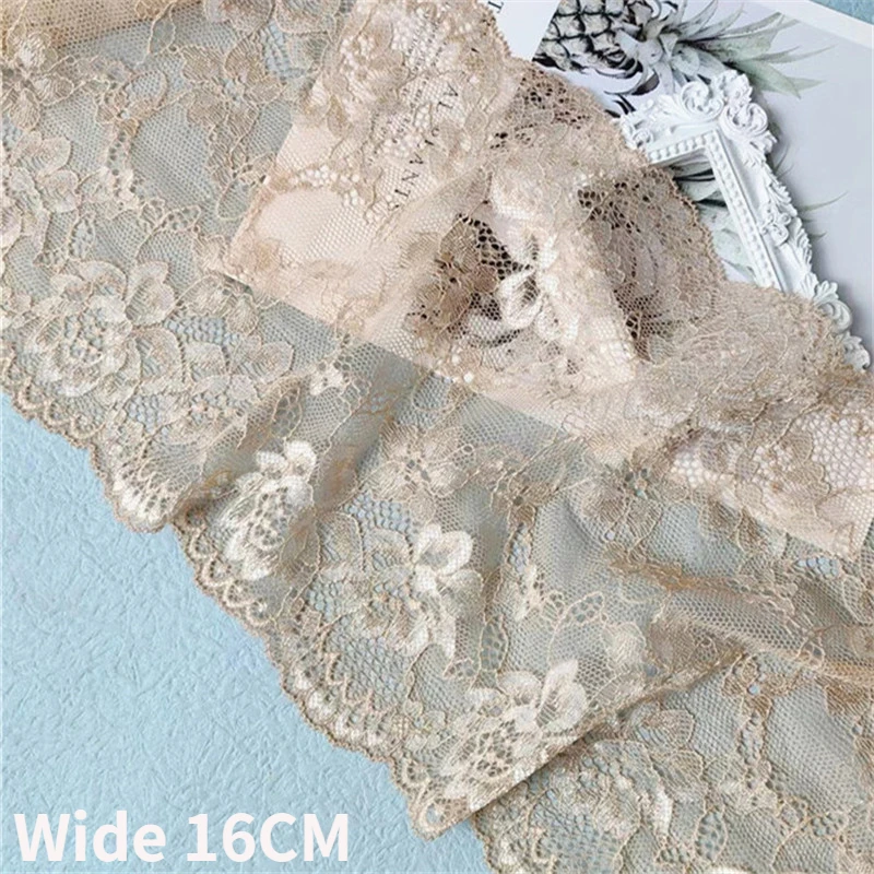 16CM Wide Light Coffee Bicolor Floral Stretch Eyelash Lace Embroidery Ribbon Clothes Scarf Dress Apparel Fabric DIY Sewing Decor