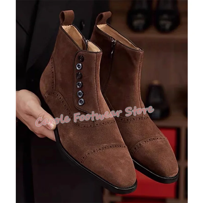 British Style Carving Genuine Leather Men's Chelsea Boots High Top Chunky Heel Brogue Ankle Boots Men's Business Dress Shoes
