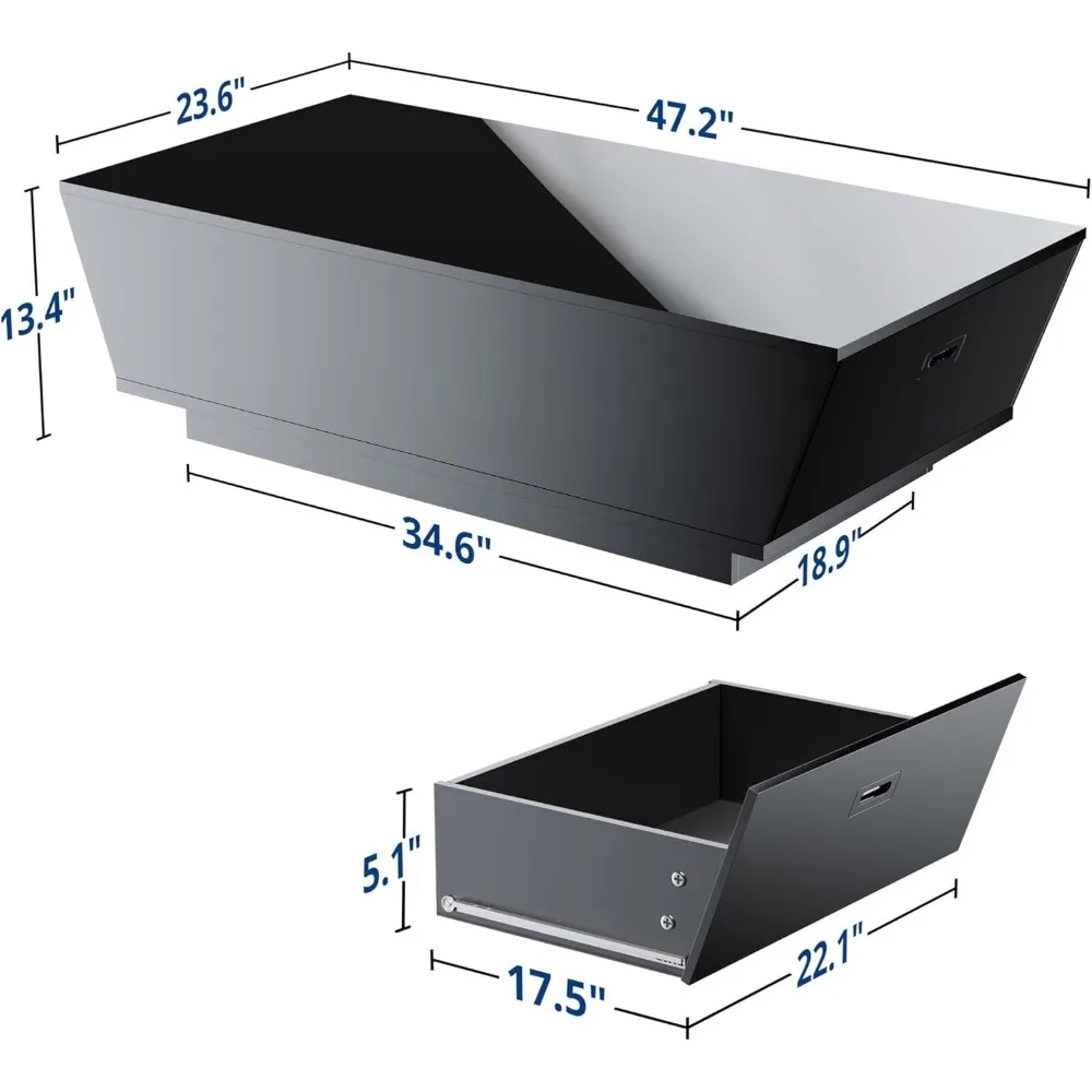 모던 커피 테이블 LED 조명, 글로스 커피 테이블 보관 서랍, 현대 센터 테이블 거실, 47.2 인치 L