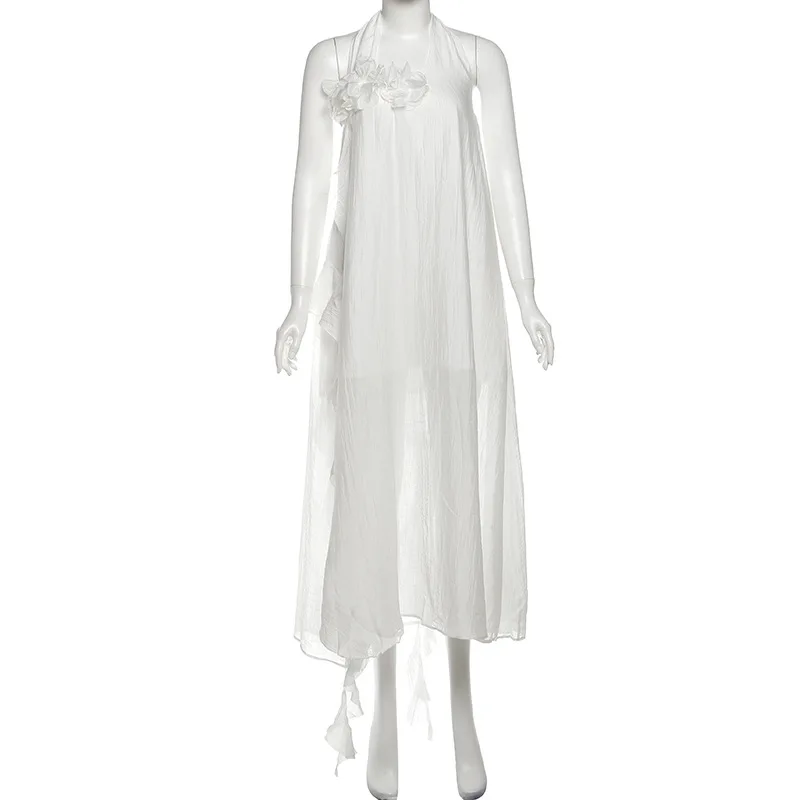 SylCue 3D 꽃 장식 주름진 우아한 드레스 여성 홀터넥 오프 슬리브 어깨 백리스 여름 휴가 해변 파티 의상