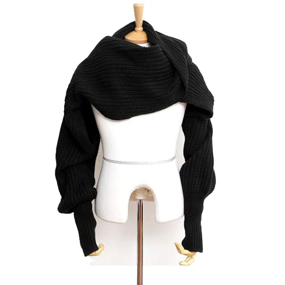 

Unisex Knitted Scarf Cape Shawl with Long Sleeves Black Acrylic Warm Winter Autumn Fashion Scarf for Men Women Soft Elastic