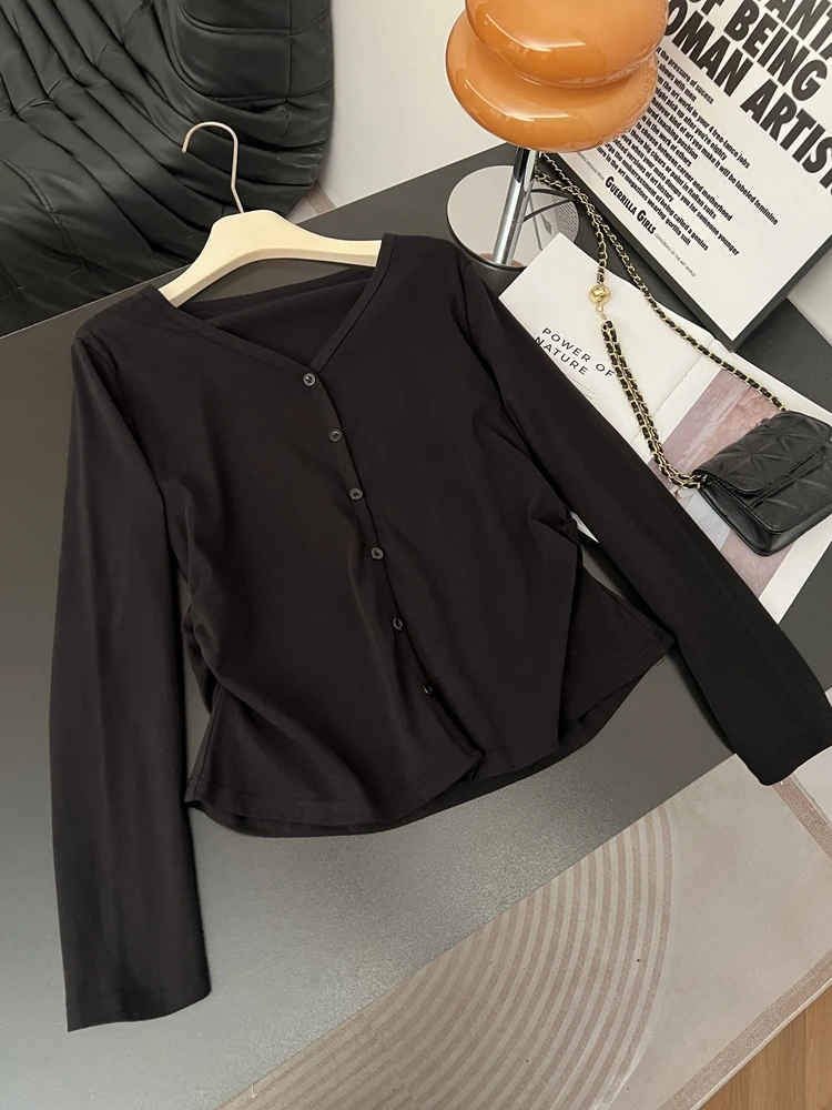 

plus Size Women's Bla V-Ne Long Sve T-irt Slimming Waist Design Autumn Winter Faionable Unique Top Cover up Meat