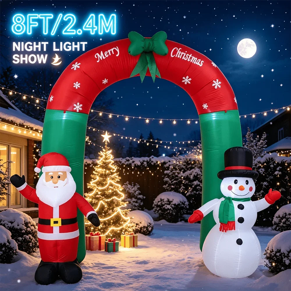 Merry Christmas Arch Inflatable Model Toy 8FT/2.4M Snowflake Print Santa Snowman with LED Blow Up Garden Party Ornament