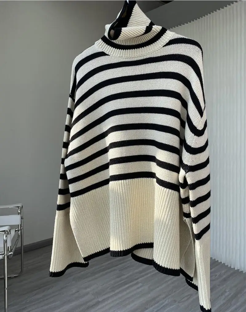 

Women Sweater 2021 New High Neck Wide Sleeve Striped Sweater Wool Stitching Loose Thick Knit Pullover Top