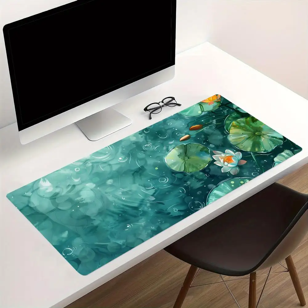Watercolor Lotus Flower Large Desk Mat Non‑Slip Rubber Gaming MousePad HD Print Keyboard Pad For Office Laptop Gamer Workstation