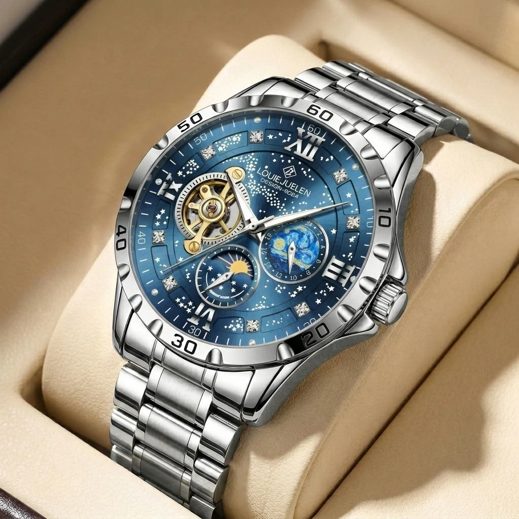 1pc Starry Sky Mechanical Watch, Hollow Design, Metal Strap, Men's Trendy Wristwatch