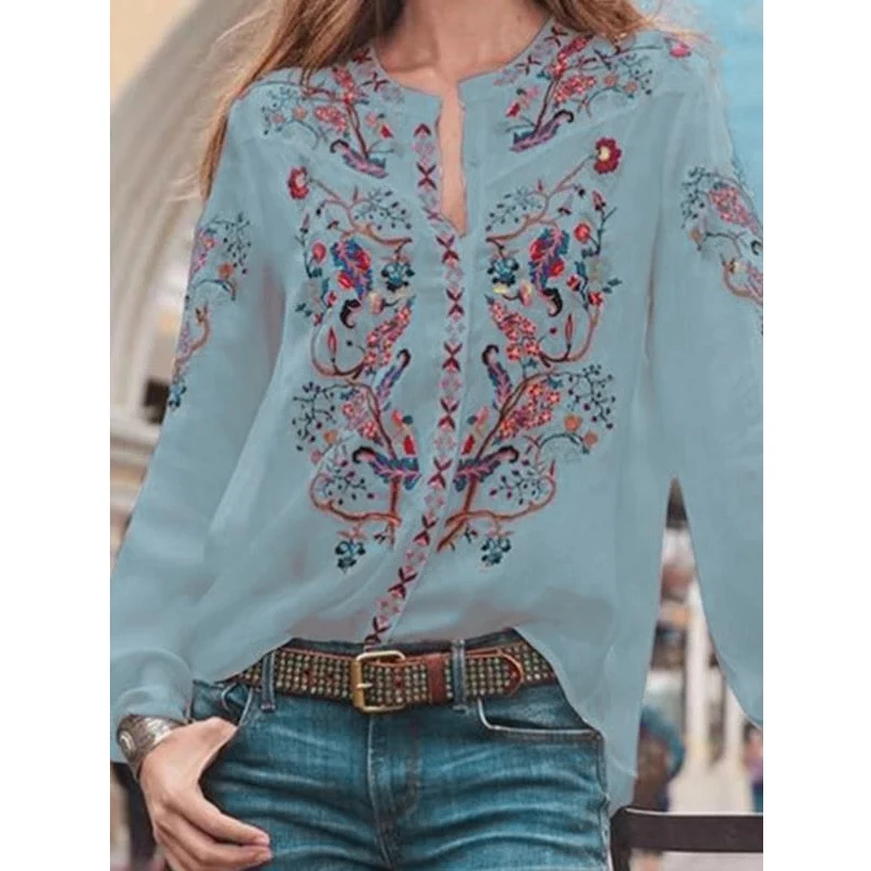 Wholesale Women Lace Blouse Long Sleeve Lovely Floral Printed Shirt Summer Ladies Stand Collar Blouse Woman Tops Femme Chic