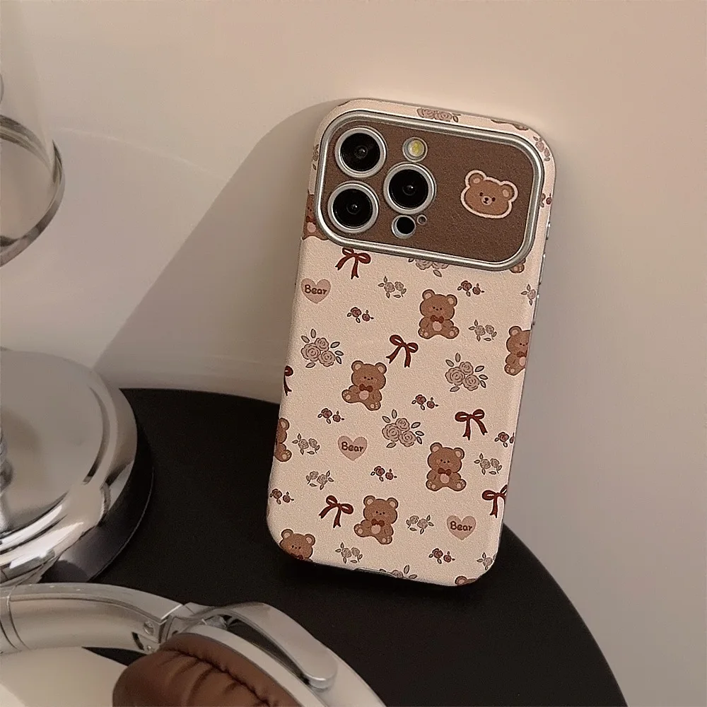 Korean Cute Cartoon Bear Flowers Leather Texture Phone Case For iPhone 17 16 15 14 13 12 11 Pro Max Shockproof Protective Cover