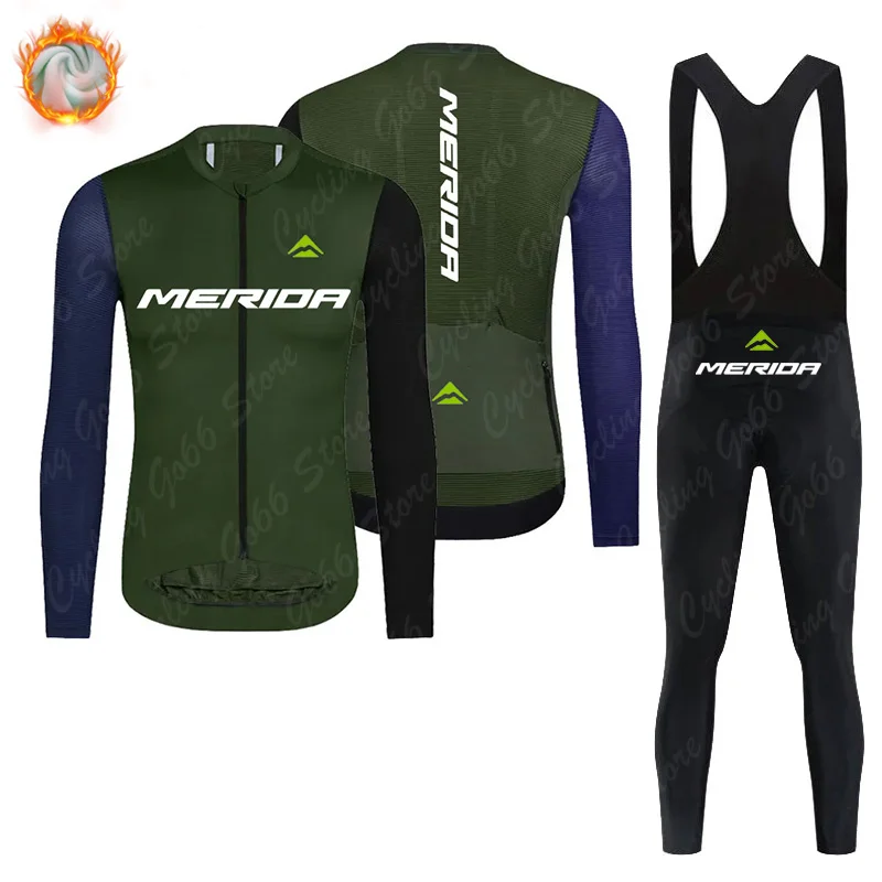 Team Merida Winter Cycling Set Thermal Fleece Bicycle Clothing Long Sleeve Jersey Road Bike Clothes Ropa Ciclismo MTB Uniform