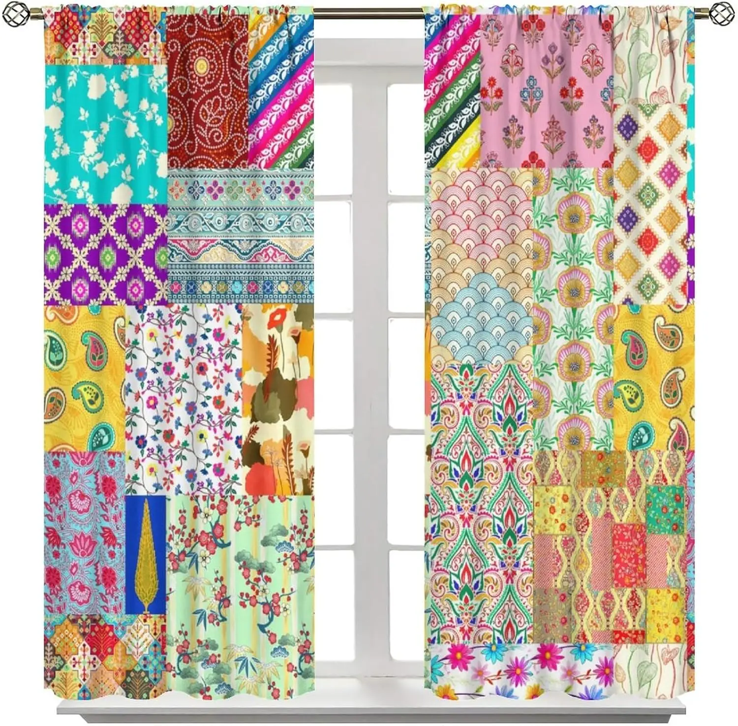 Patchwork Boho Curtains Bohemian Style Stitching Colorful Floral Vintage Retro Curtain with Rod Pocket for Bedroom Living Room