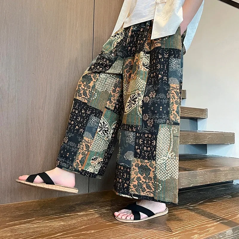 Cool Men Print Beach Pants Summer Chinese Casual Comfortable Wide Leg Trousers Male Daily Ankle-Length Pants Men Skirt Pants