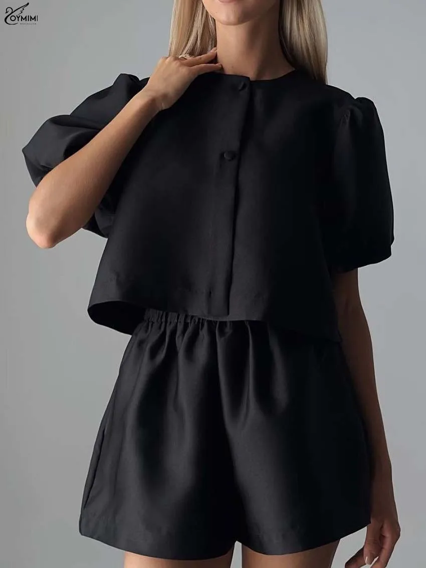 Oymimi أنيقة الساتان الأبيض 2 قطعة مجموعات امرأة الزي موضة س الرقبة قصيرة الأكمام زر القمصان و عالية الخصر مجموعة السراويل البسيطة #3