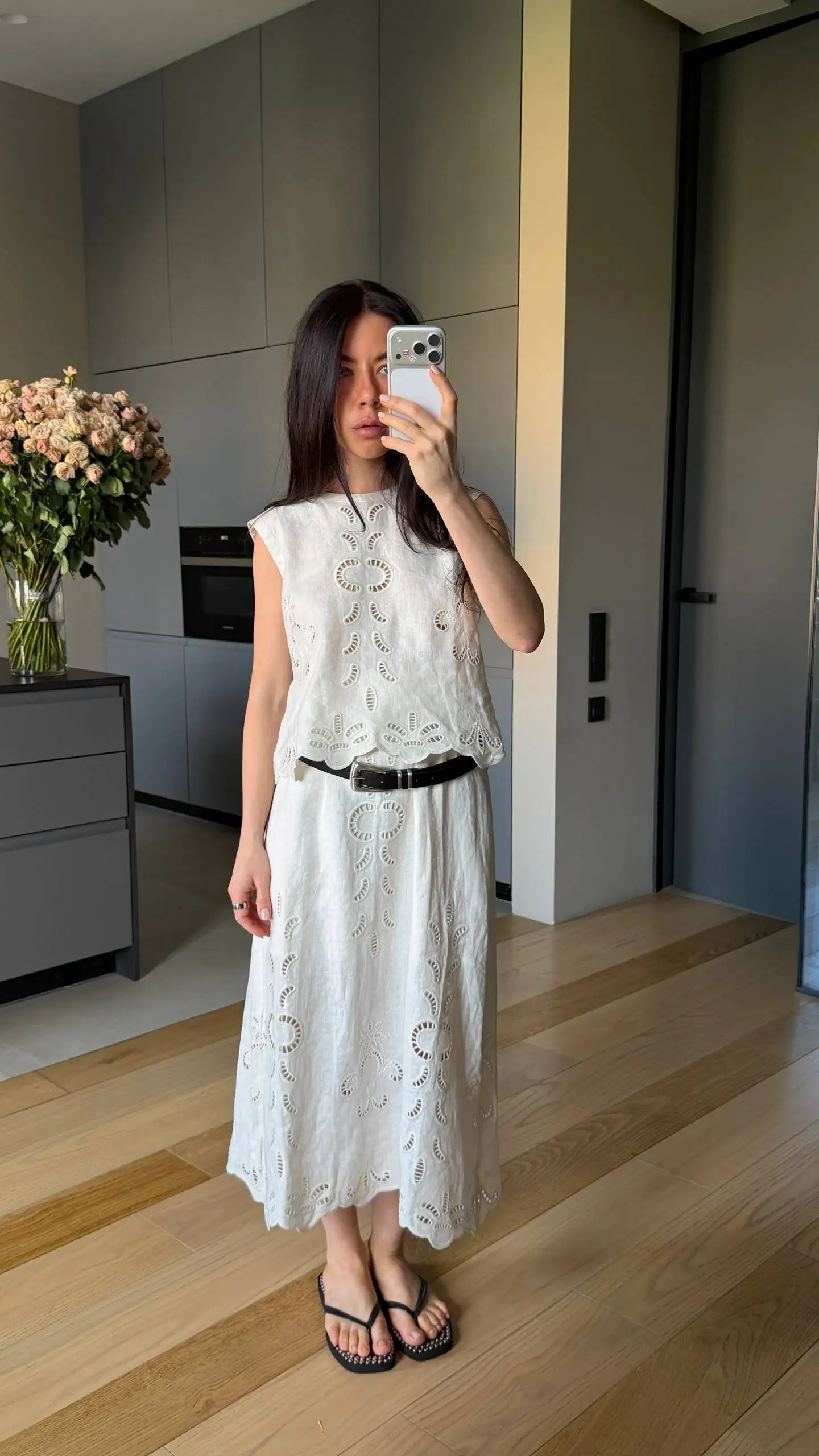 FSLE【Premium Series】Summer Women Linen Two Piece Set Cut-Out Embroidered Sleeveless Top Midi Skirt Boho Beach Vacation Style