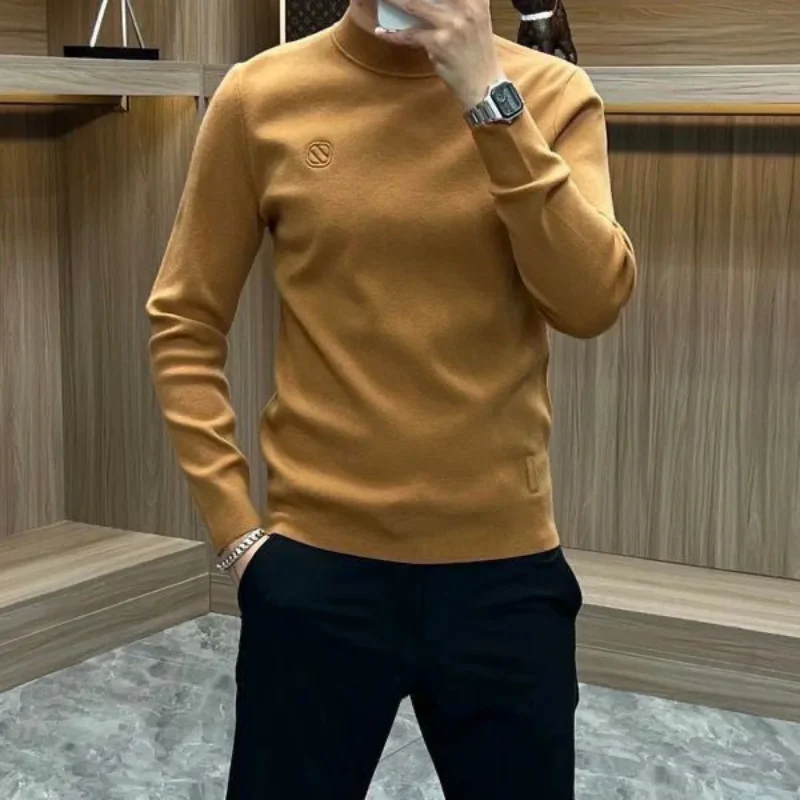 Outono e inverno gola média alemão veludo moletom masculino na moda fino ajuste interior quente de manga comprida camiseta meia pescoço base camisa