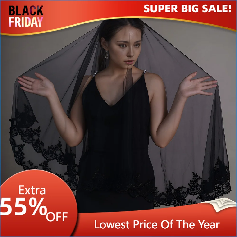 TOPQUEEN V65 Wedding Bridal Veil No Comb Drop Veil Elbow Length Black Veil Cover Front and Back on the Face Swiss Veu Duba