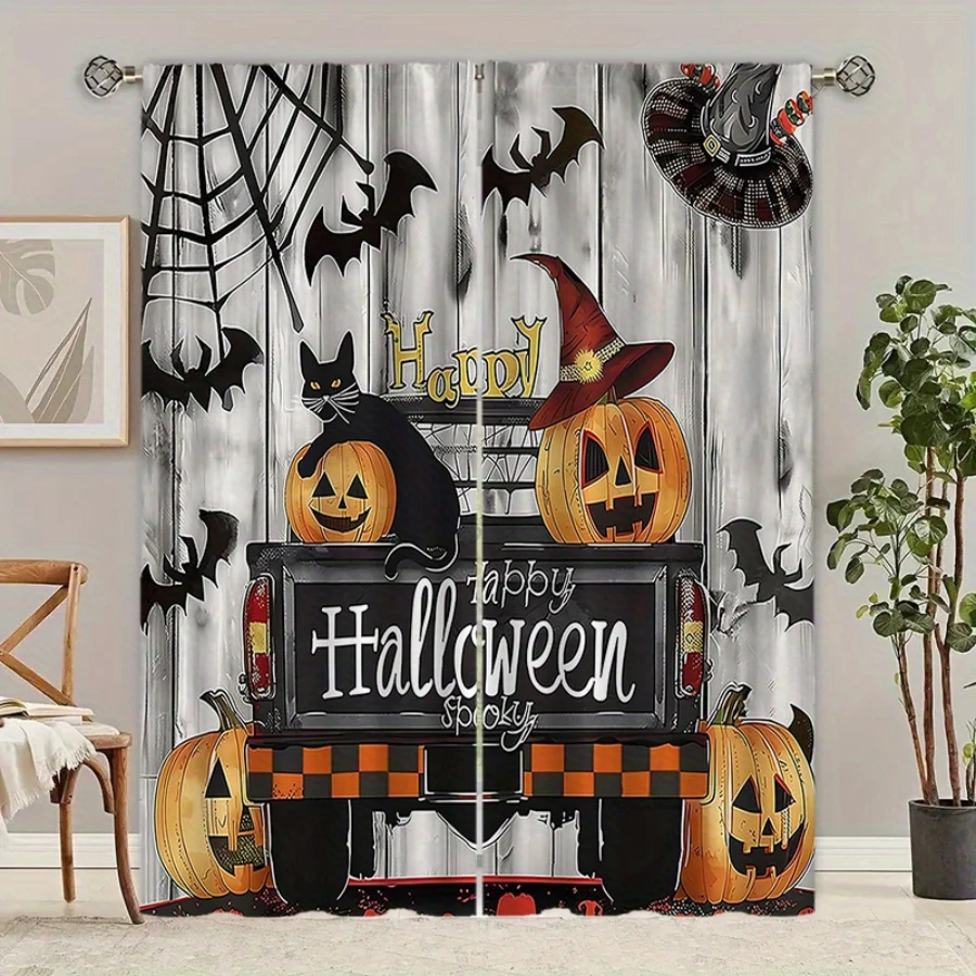 2PCS Digital Printed Curtains, Halloween Pickup Truck Black Cat Pumpkins Web, Rustic Farmhouse Spooky Holiday Window Decor