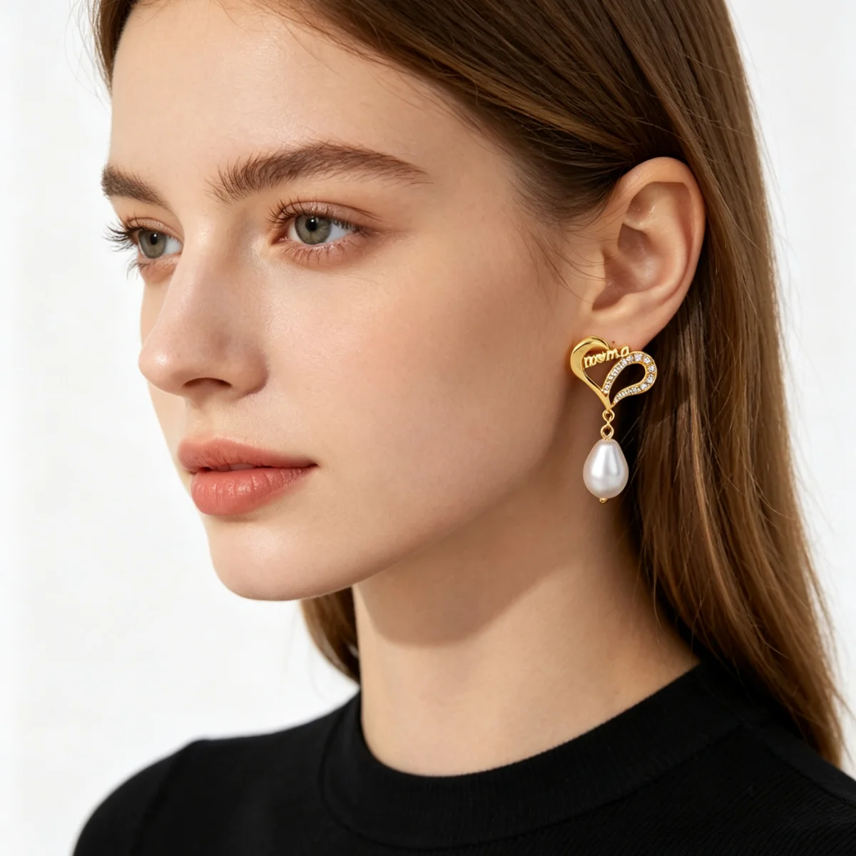 Elegante Ohrringe mit herzförmigen Tropfen aus Imitationsperlen, Damen, goldfarben, Kupfer, Zirkonia, hängende Ohrstecker, ästhetischer Schmuck, Geschenk für Mutter – Detail 9