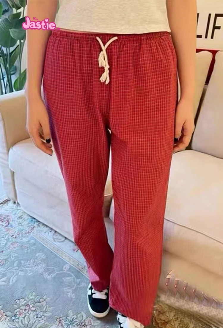 Red Plaid Straight Long Pant Woman 2024 Spring Summer Casual Wide Leg Pants Cotton Female High Waist Straight Trousers