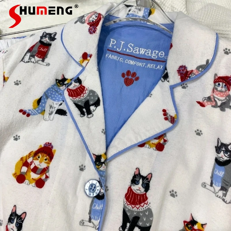 Lange Hosen Homewear Set für Frauen Herbst Winter Cartoon Print Warme Schlaf Anzüge Weibliche Reine Baumwolle Baumwolle Pyjamas Outfits