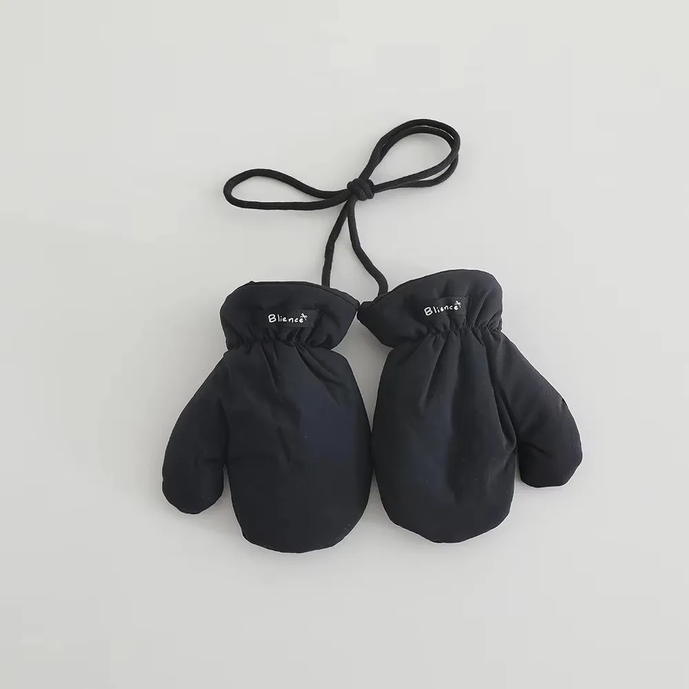 

1 Pair Cute Kid Gloves Solid Color Winter Warm Children's Gloves With Neck Strap Lanyard Fleece Lined Waterproof Mittens