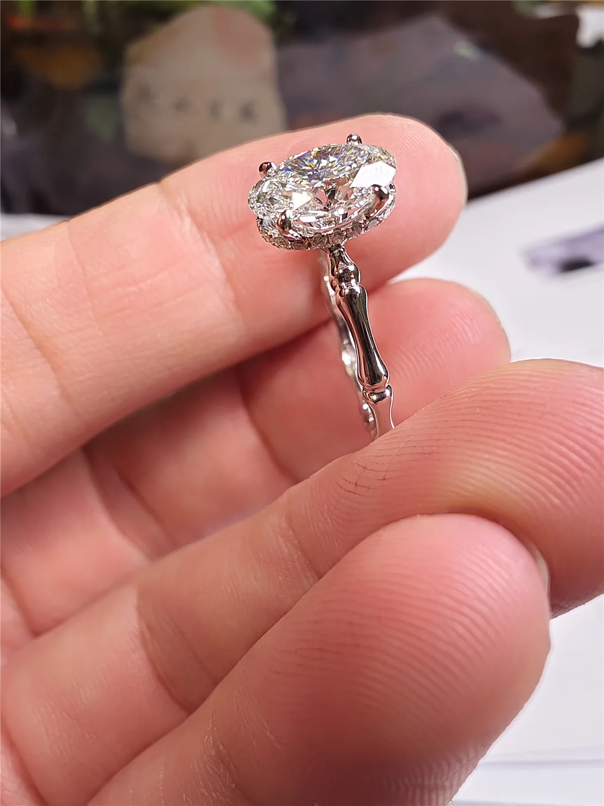 10K Solid Gold Lab-grown แหวนเพชร IGI รูปไข่ 1.5CT ไม้ไผ่แหวนเครื่องประดับงานแต่งงานแหวน 18K gold แหวนหมั้นที่กําหนดเอง PT950