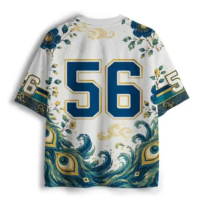 V Neck Mesh Jersey, Chinese Style Peacock Floral Art Print Short Sleeve Loose Breathable Street Casual Top