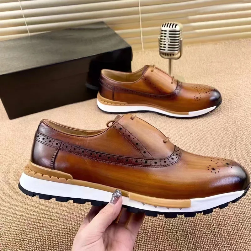 Brand Mens Casual Sneakers Genuine Leather Lace-Up Comfortable Oxford Fashion Breathable Outdoor Walking Brogues Shoes For Men