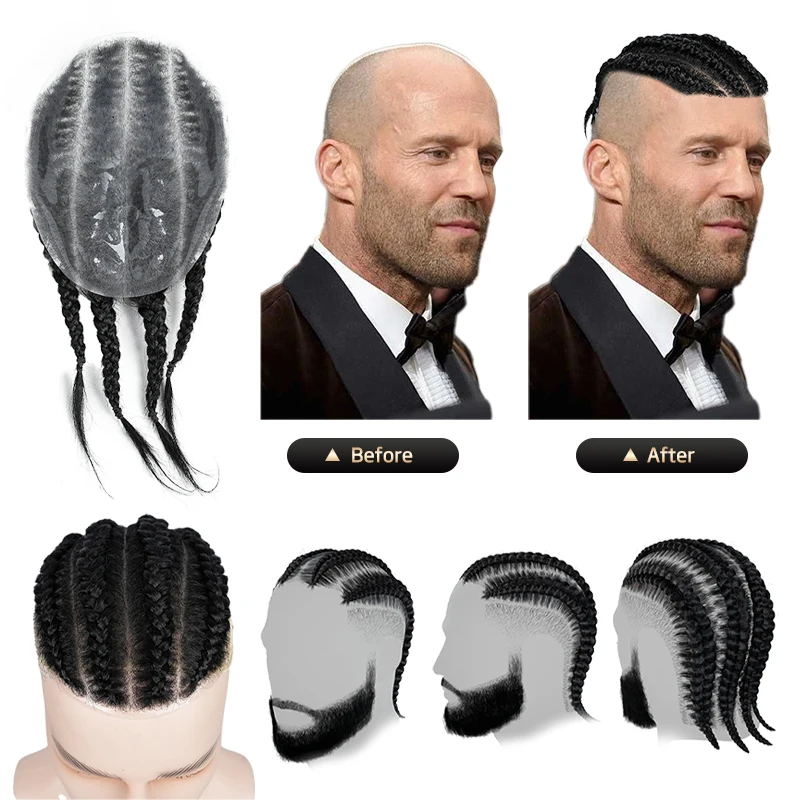 100% cheveux humains noir hommes femmes maïs tressé postiche Ultra mince respirant PU capillaire prothèse perruque tressé morceau de cheveux