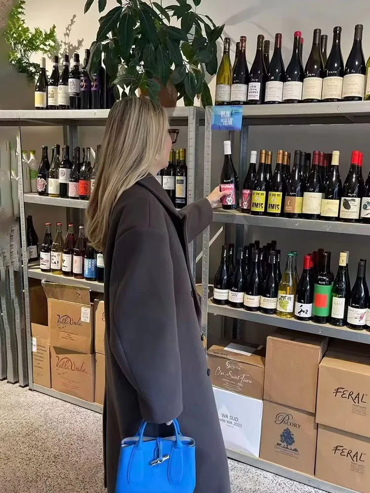 HH امرأة الشتاء موضة بلون طويلة الأكمام مزدوجة الصدر التلبيب معطف طويل الإناث تنوعا عادية التنقل معطف طويل #5