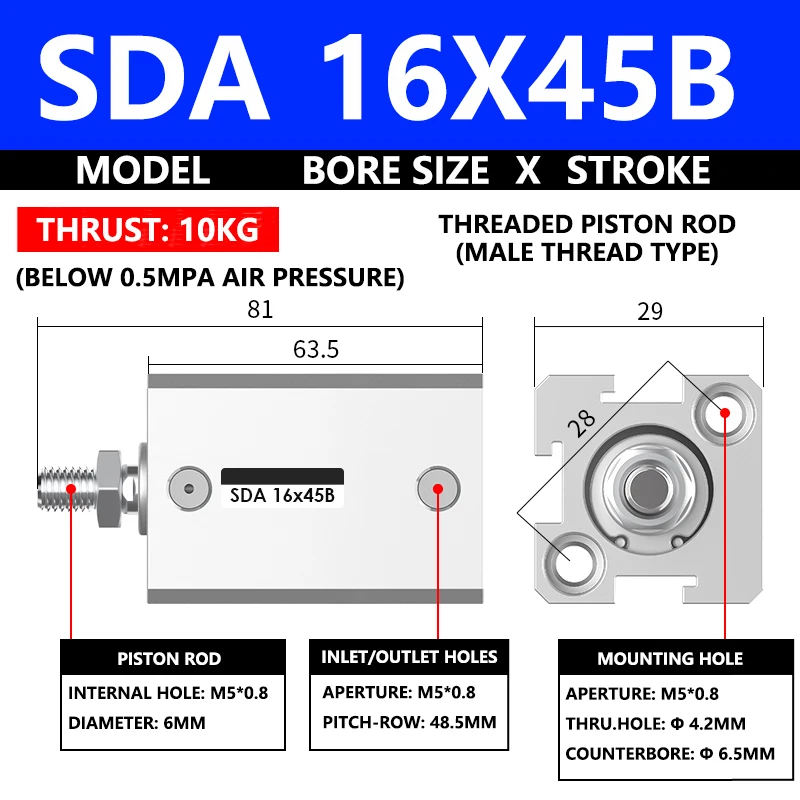 ABILKEEN SDA16X45B SDA Series Thin Air Cylinder 16MM Male Thread Bore X 45MM Stroke Double Acting Pneumatic Compact Cylinder
