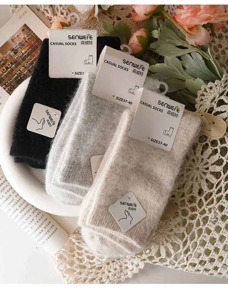 Socken Freizeit Knöchel- und Wadenlänge Flauschig Herbst Winter Kaninchenfell Damen Mittellange Verdickte Warme Weiche Wollsocken 8W96 – Detail 8