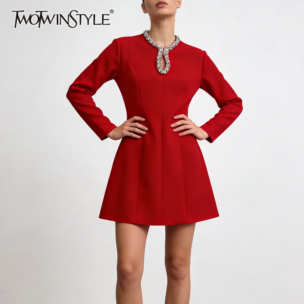 TWOTWINSTYLE Elegant Loose Spliced Diamond Dress for Women O Neck Long Sleeves High Waist Intellectual Dresses Female Autumn New