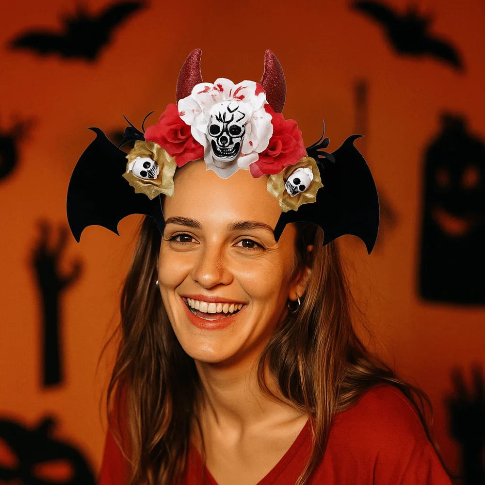 

Gothic Skull Head Hair Hoop Simulation Flowers Bat Halloween Skull Headband Headdress Decor Day of The Dead Hairband