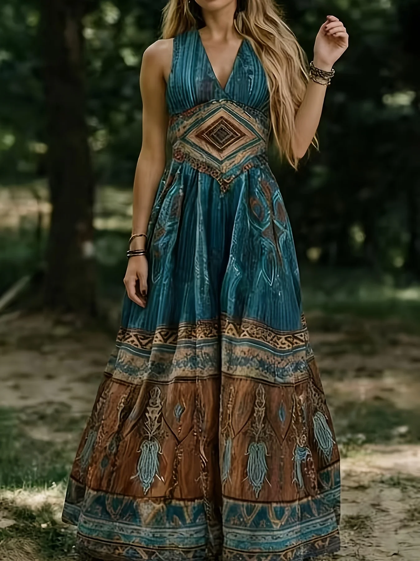 プリントデザインの夏用レディースレトロVネックノースリーブロ - Ethnic Fashion Wear のレビューと価格