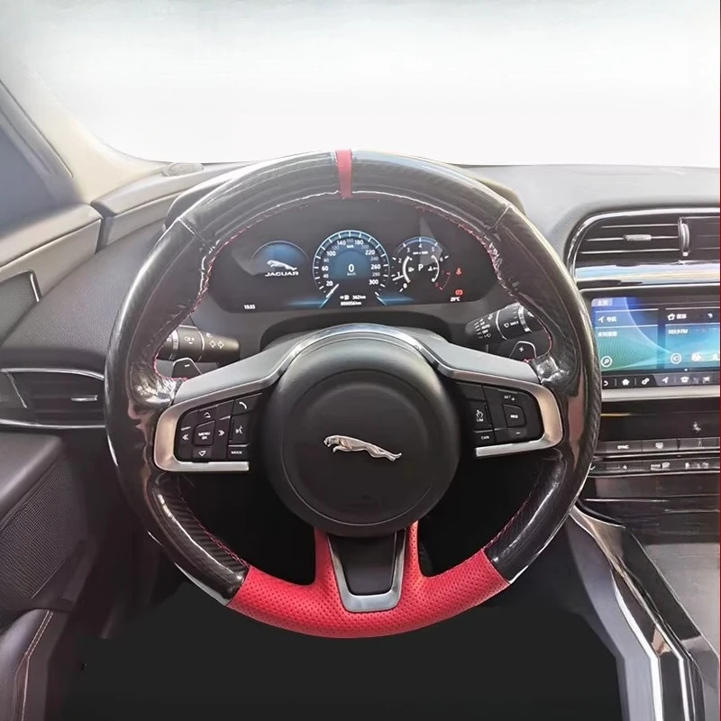 

For Jaguar XFL XE XJL F-PACE XKR Hand-stitched Red genuine Leather Carbon Fiber Car Steering Wheel Cover